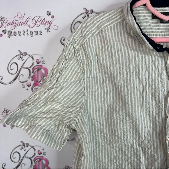 French Connection tshirt tee Striped Gray beige Button Down Shirt black - Picture 7 of 11